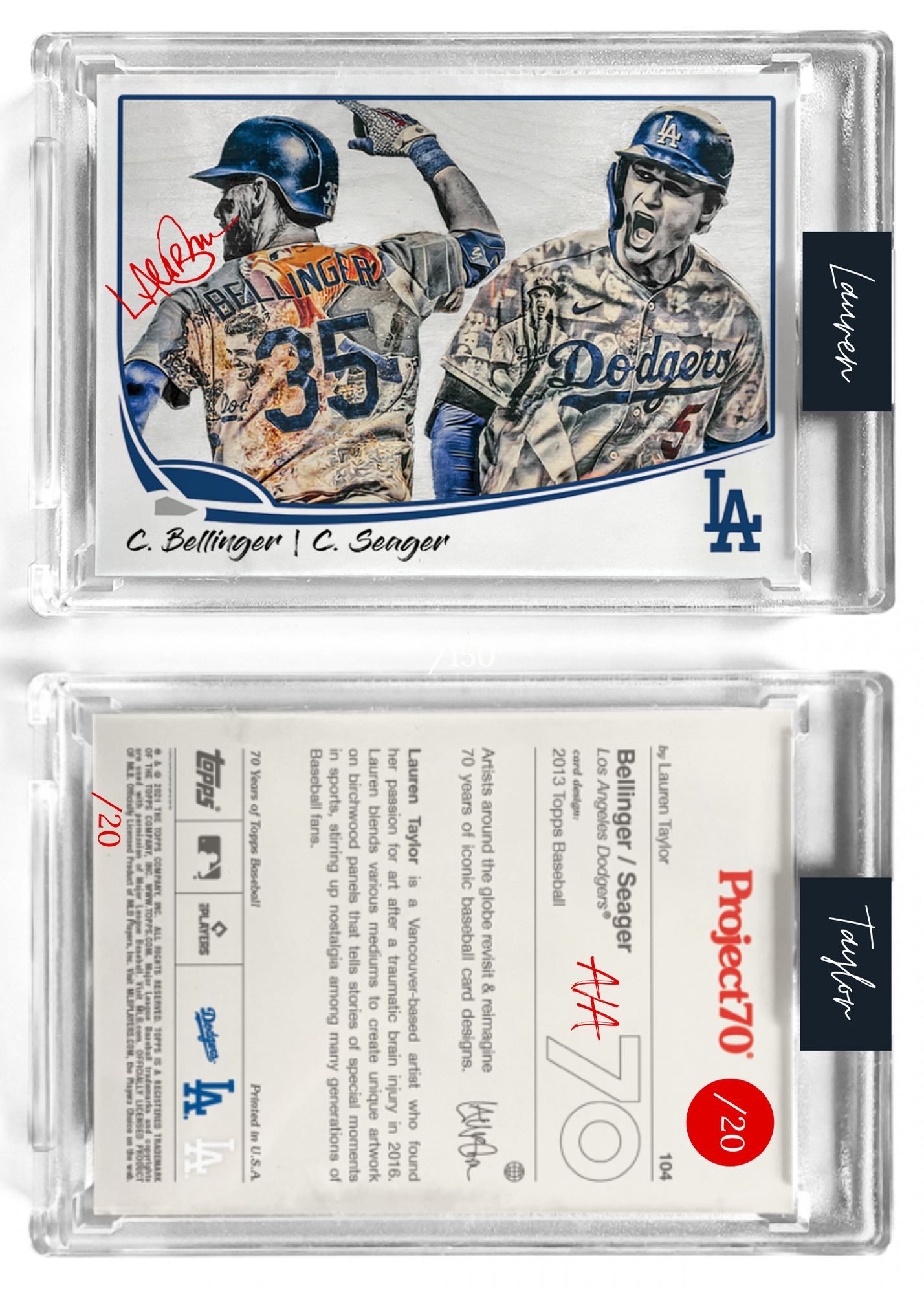/20 Red Artist Signature - Topps Project 70 130pt card #104 by Lauren Taylor - Cody Bellinger / Corey Seager