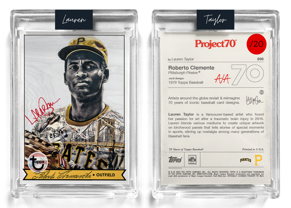 /20 Red Artist Signature - Topps Project 70 130pt card #896 by Lauren Taylor - Roberto Clemente