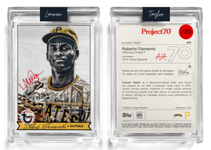 /20 Red Artist Signature - Topps Project 70 130pt card #896 by Lauren Taylor - Roberto Clemente