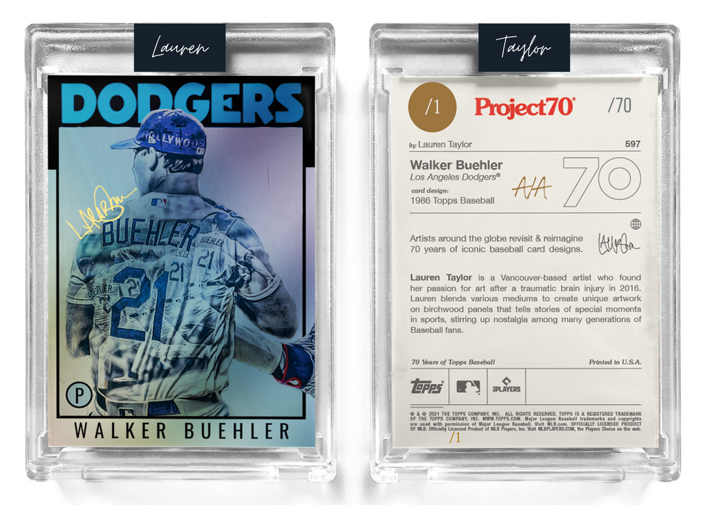 1/1 Gold Metallic Artist Signature - Walker Buehler - Foil Variant 130pt Card #597 by Lauren Taylor - Baseball Card