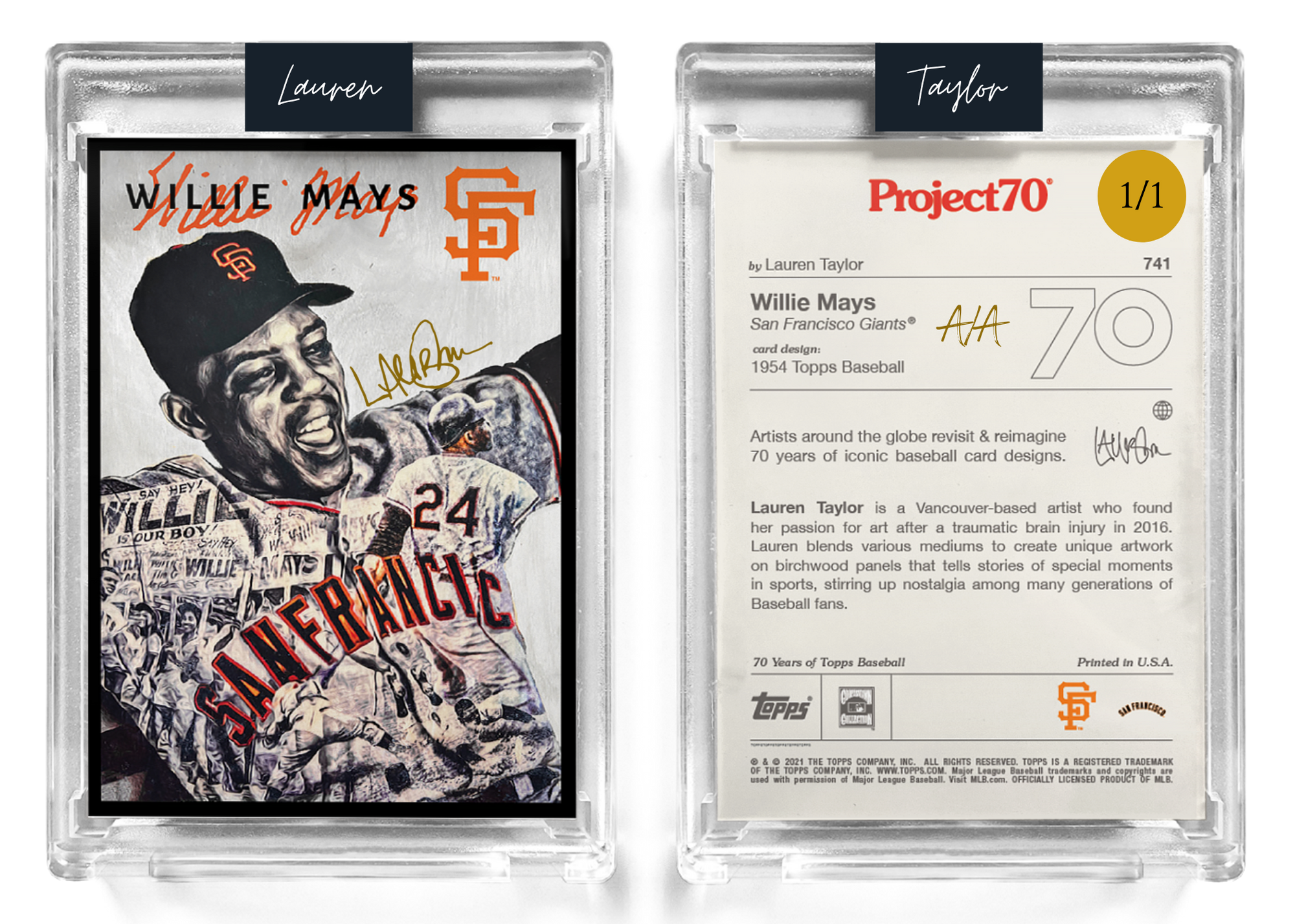 /1 Gold Artist Signature - Topps Project 70 130pt card #741 by Lauren Taylor - Willie Mays