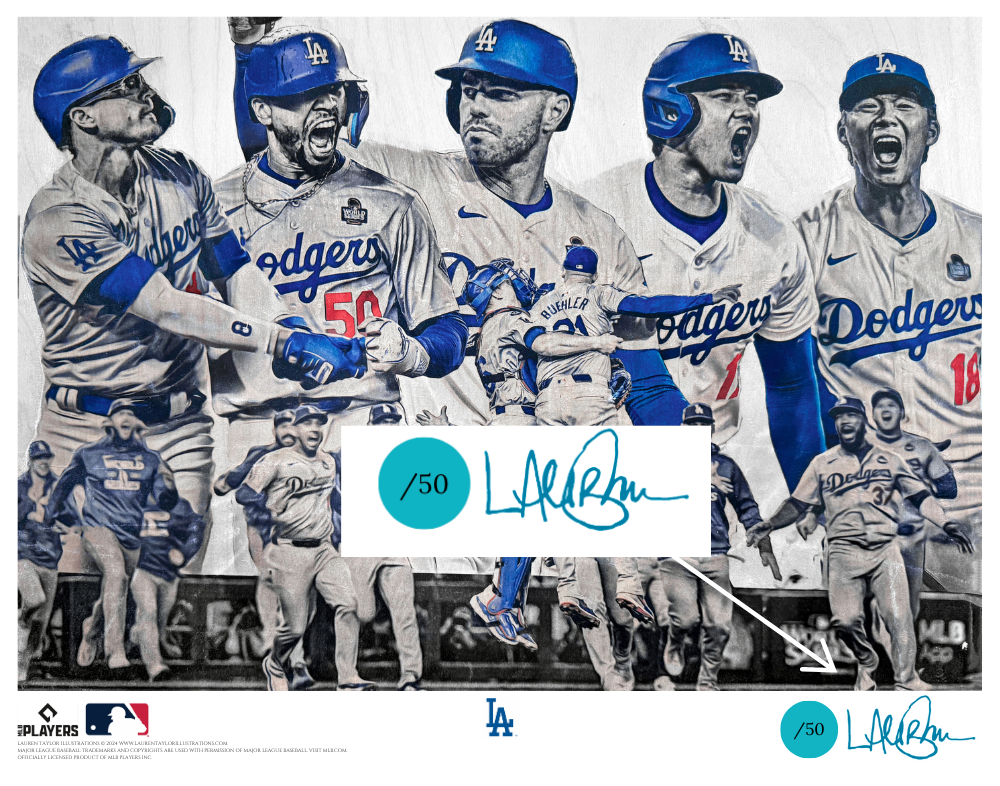 "EIGHT" (Los Angeles Dodgers) 2024 World Series Champions - Officially Licensed MLB Print - Limited Release TEAL ARTIST AUTO /50