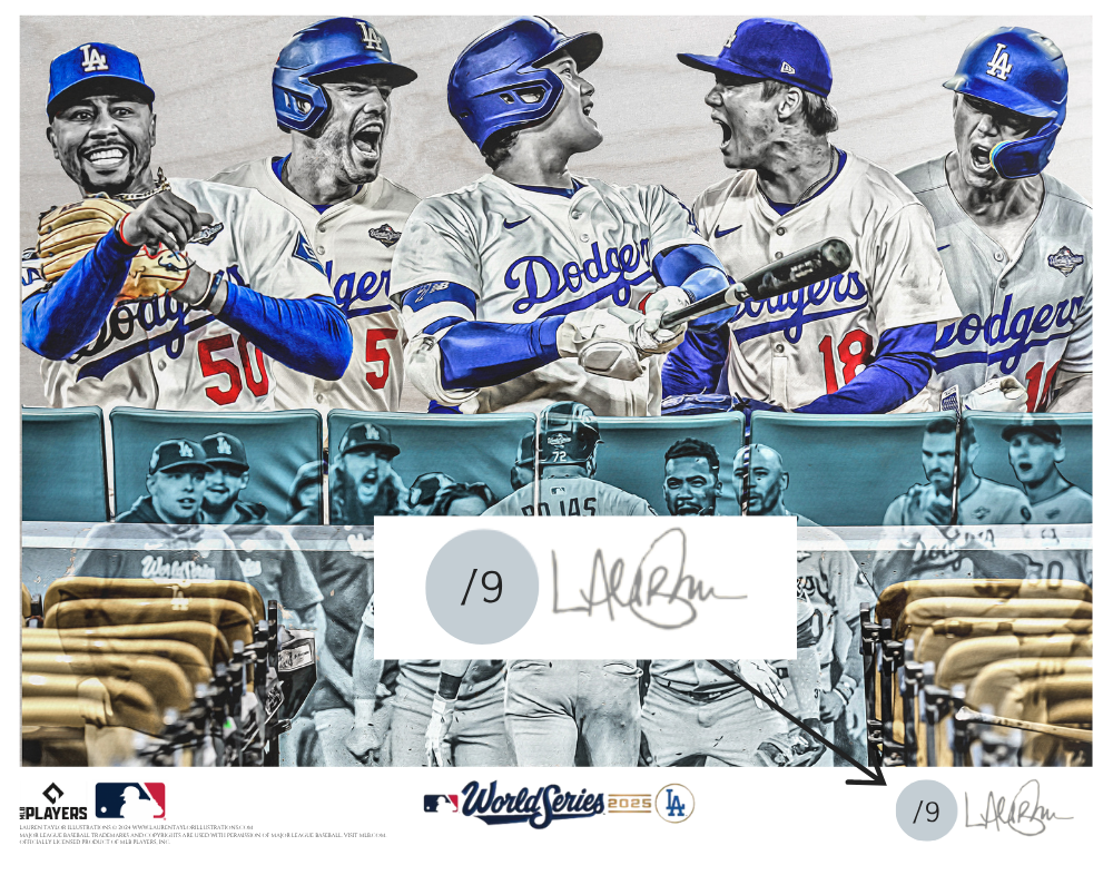 "NINE" (Los Angeles Dodgers) 2025 World Series Champions - Officially Licensed MLB Print - Limited Release METALLIC SILVER ARTIST AUTO /9