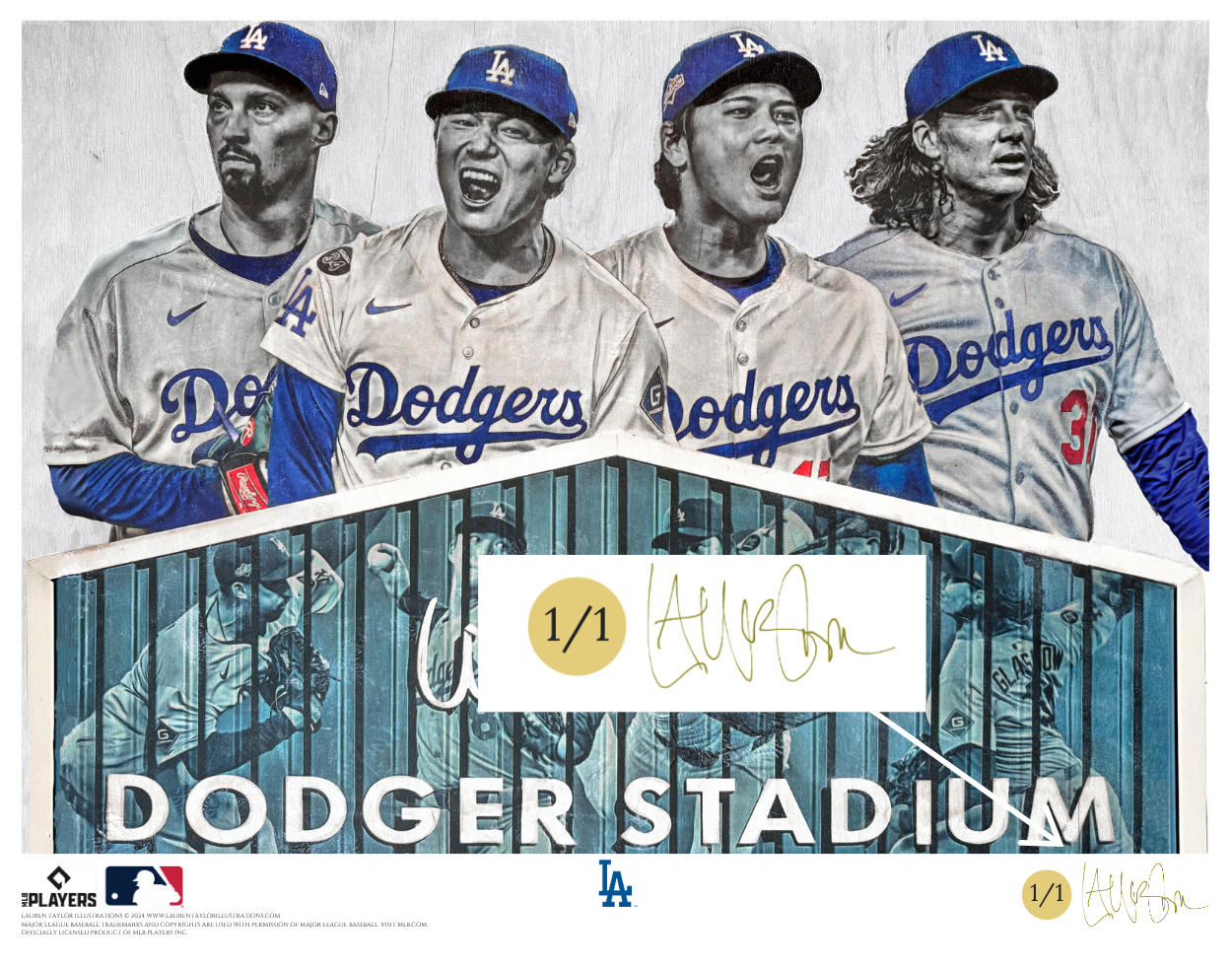 "Aces Wild" (ft. Snell, Yamamoto, Ohtani, Glasnow) Los Angeles Dodgers - Officially Licensed MLB Print - Limited Release METALLIC GOLD ARTIST AUTO 1/1