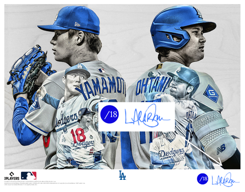 "The Nexus of Greatness" (Shohei Ohtani & Yoshinobu Yamamoto) Los Angeles Dodgers - Officially Licensed MLB Print - Limited Release BLUE ARTIST AUTO /18