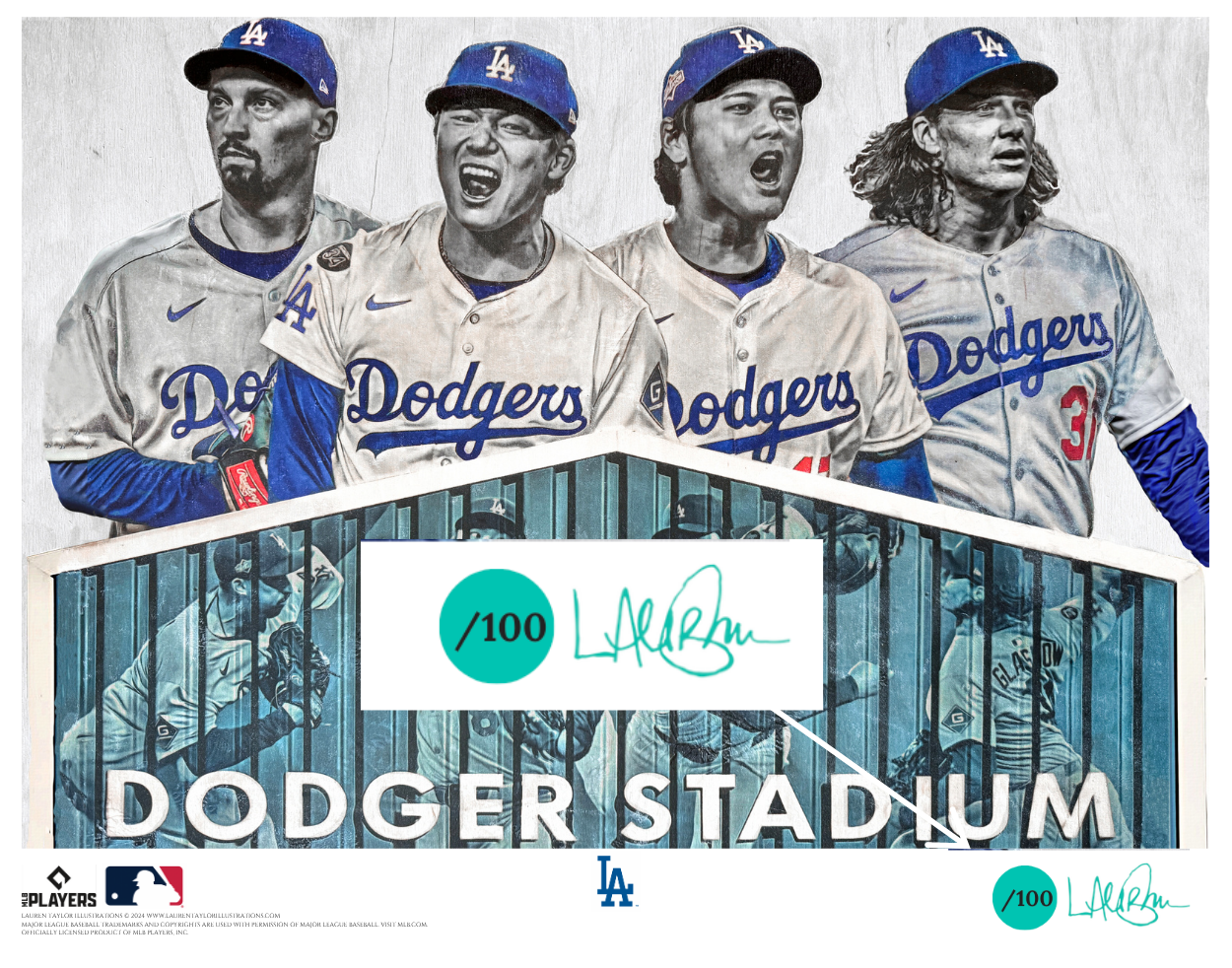 "Aces Wild" (ft. Snell, Yamamoto, Ohtani, Glasnow) Los Angeles Dodgers - Officially Licensed MLB Print - Limited Release TEAL ARTIST AUTO /100