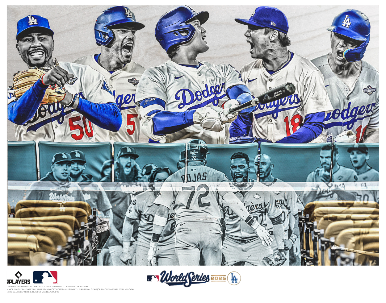 "NINE" (Los Angeles Dodgers) 2025 World Series Champions - Officially Licensed MLB Print - Limited Release METALLIC GOLD ARTIST AUTO 1/1