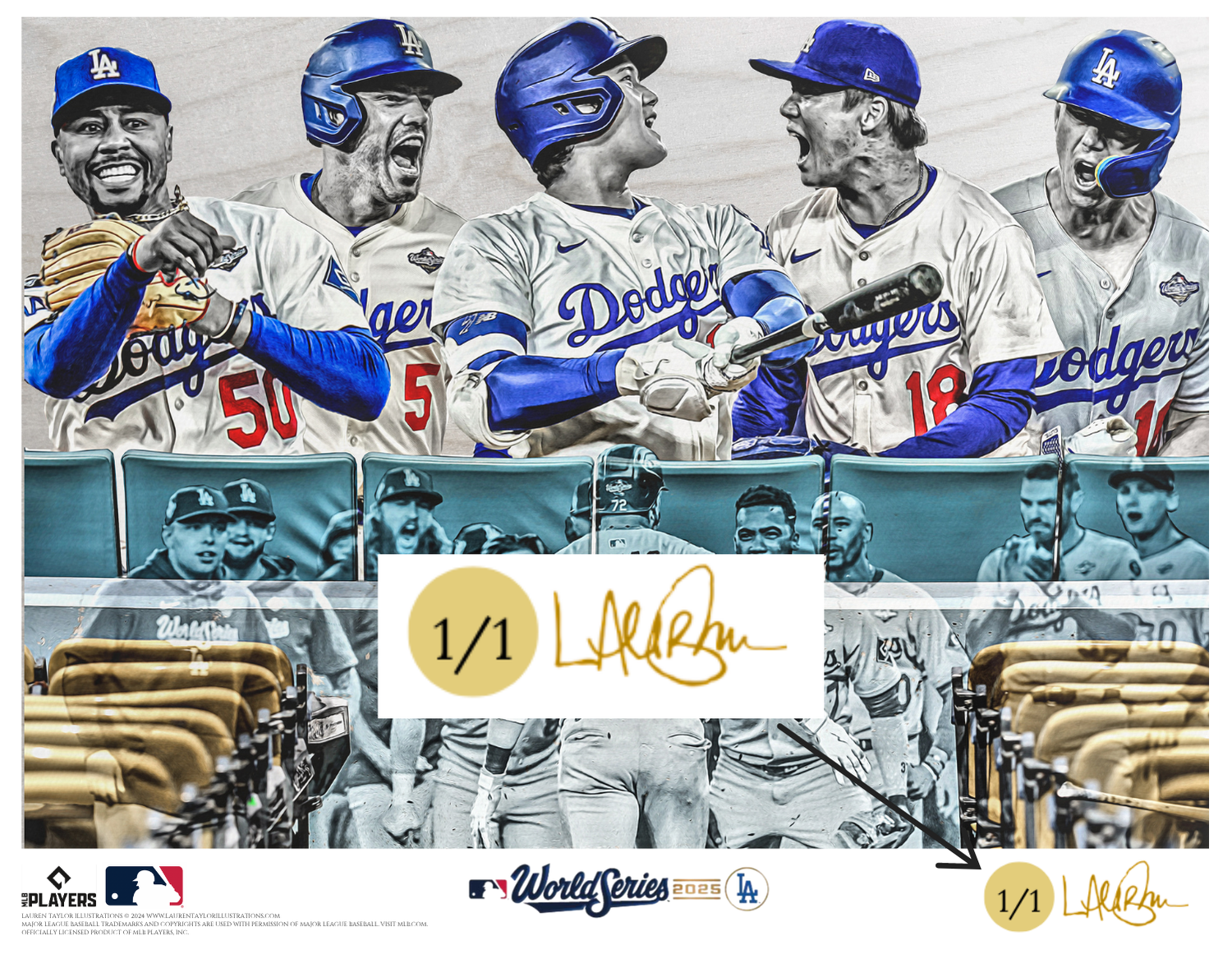 "NINE" (Los Angeles Dodgers) 2025 World Series Champions - Officially Licensed MLB Print - Limited Release METALLIC GOLD ARTIST AUTO 1/1