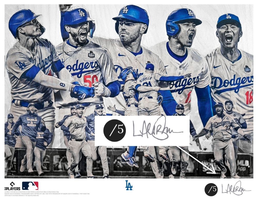 "EIGHT" (Los Angeles Dodgers) 2024 World Series Champions - Officially Licensed MLB Print - Limited Release METALLIC SILVER ARTIST AUTO /5