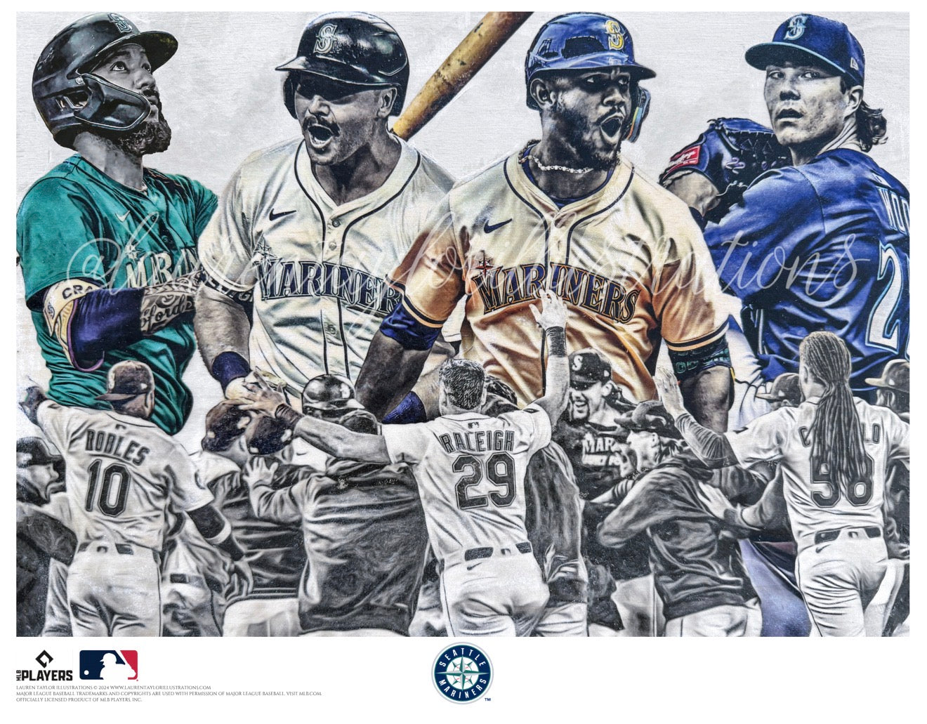 "Tridents Up" (ft. Crawford, Raleigh, Rodríguez, Woo ) Seattle Mariners - Officially Licensed MLB Print - Limited Release /500