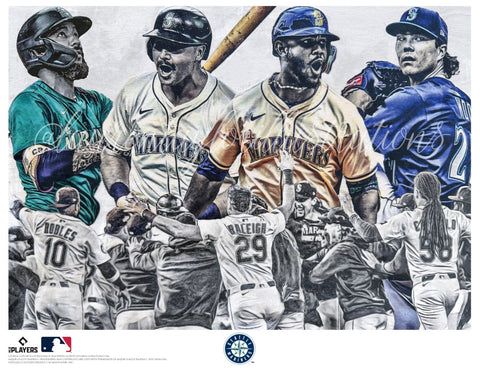"Tridents Up" (ft. Crawford, Raleigh, Rodríguez, Woo ) Seattle Mariners - Officially Licensed MLB Print - Limited Release /500