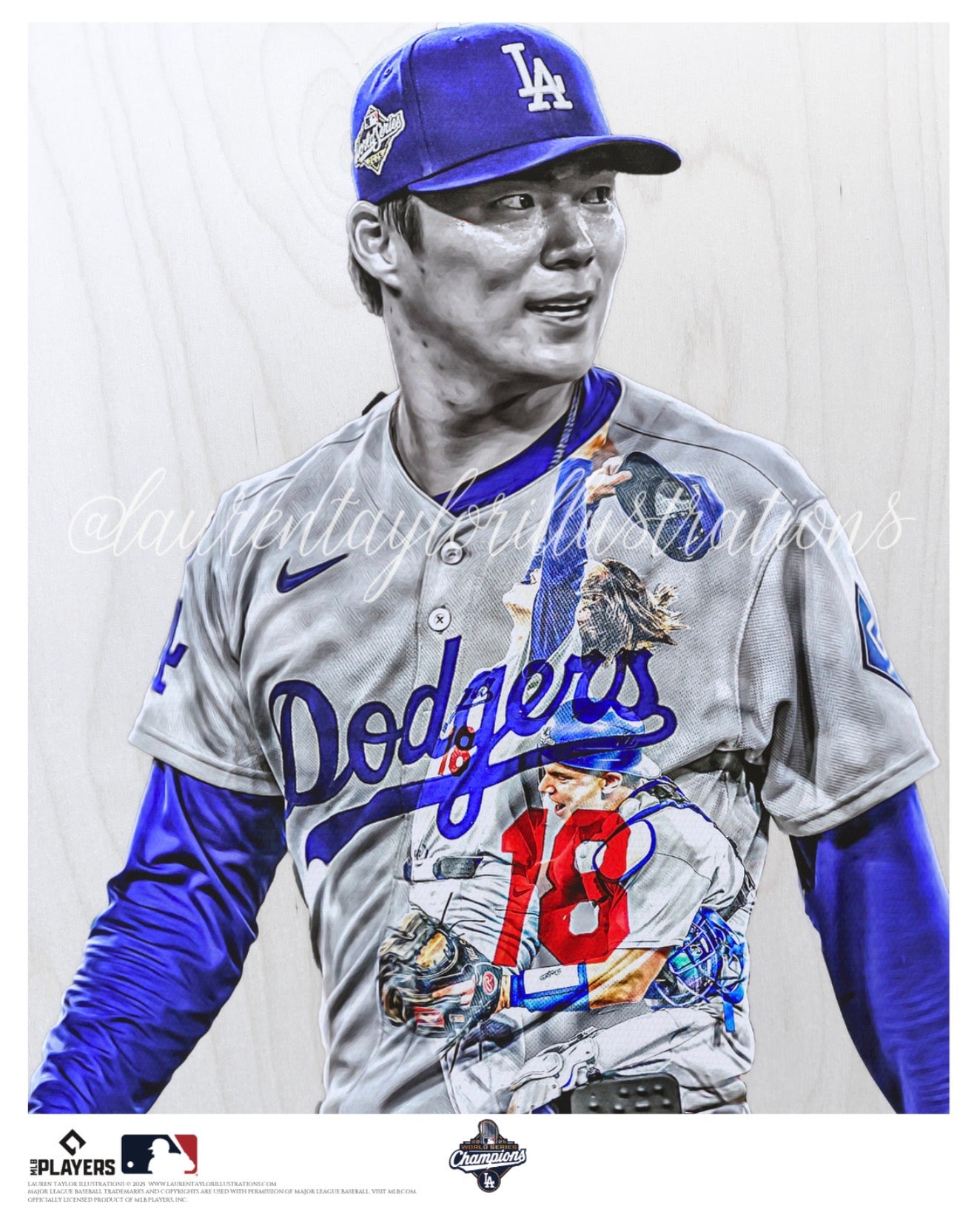 "Final Out" (Y. Yamamoto & W. Smith) Los Angeles Dodgers - 2025 World Series MVP - Officially Licensed MLB Print - DODGER BLUE ARTIST AUTO /18