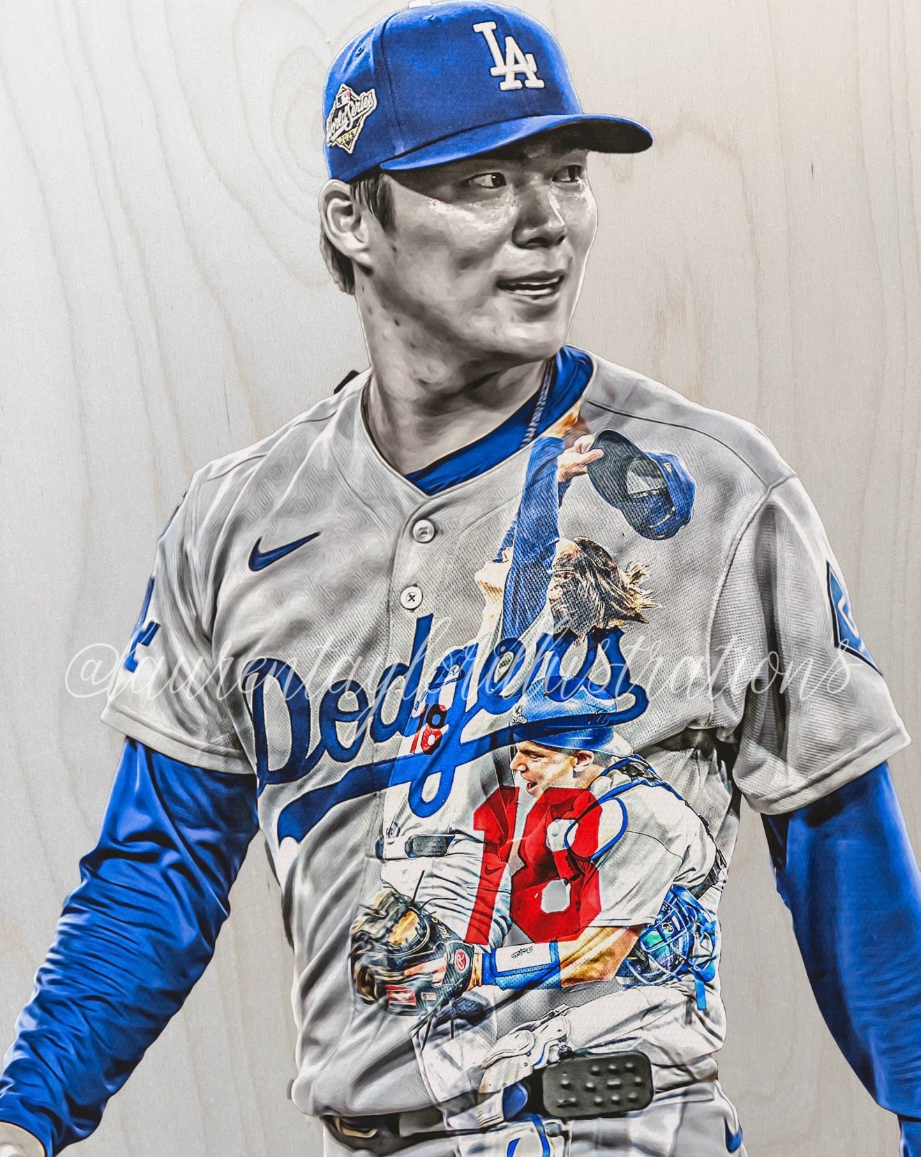 "Final Out" (Y. Yamamoto & W. Smith) Los Angeles Dodgers World Series MVP - 1/1 Original on Birchwood 18x24