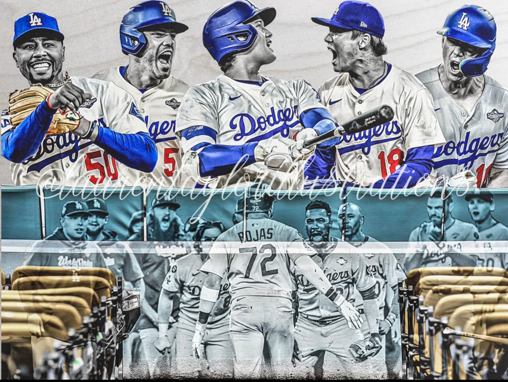 "NINE" (Los Angeles Dodgers) 2025 World Series Champions! - 1/1 Original on 18x24 Birchwood