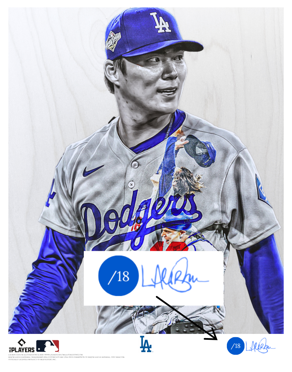 "Final Out" (Y. Yamamoto & W. Smith) Los Angeles Dodgers - 2025 World Series MVP - Officially Licensed MLB Print - DODGER BLUE ARTIST AUTO /18