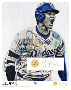 "World Series Ohtani" (Shohei Ohtani) Los Angeles Dodgers - Officially Licensed MLB Print - Limited Release METALLIC GOLD ARTIST AUTO 1/1