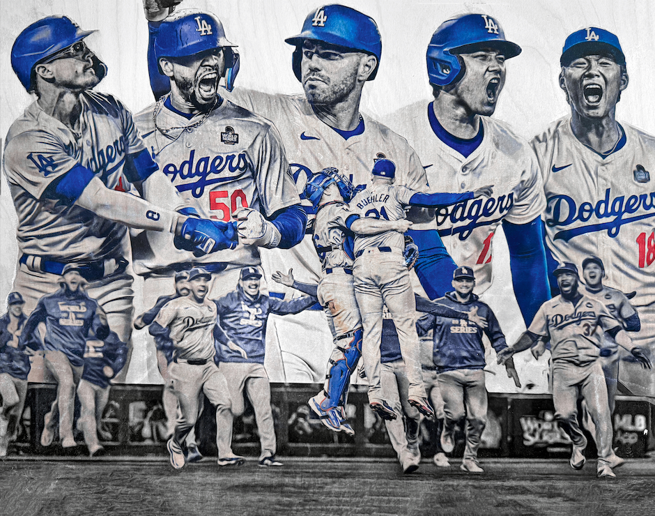 "EIGHT" (Los Angeles Dodgers) 2024 World Series Champions! - 1/1 Original on 18x24 Birchwood