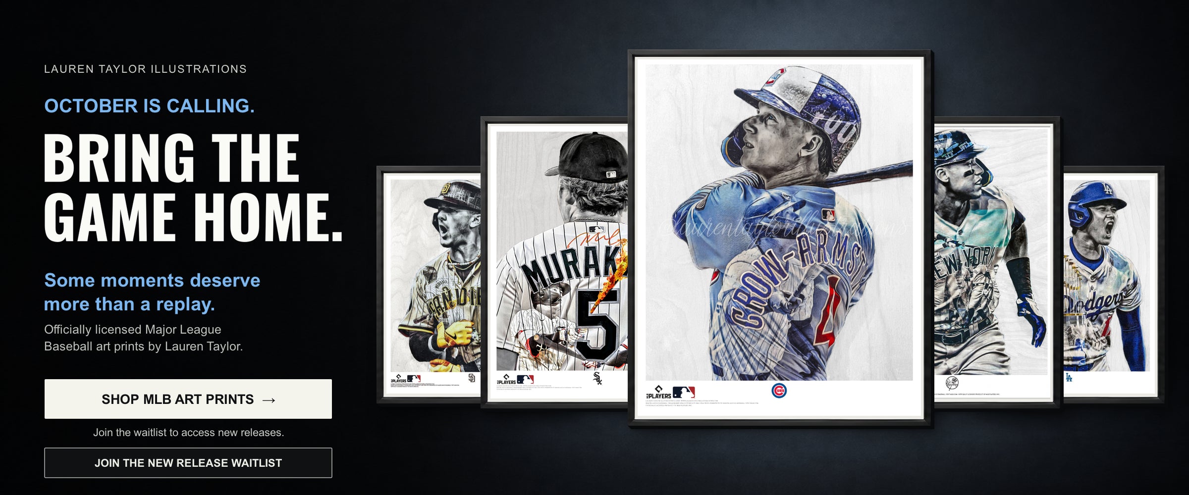 Five framed Lauren Taylor art prints: J. Barrel, Mune, PCA, 62 and World Series Ohtani.