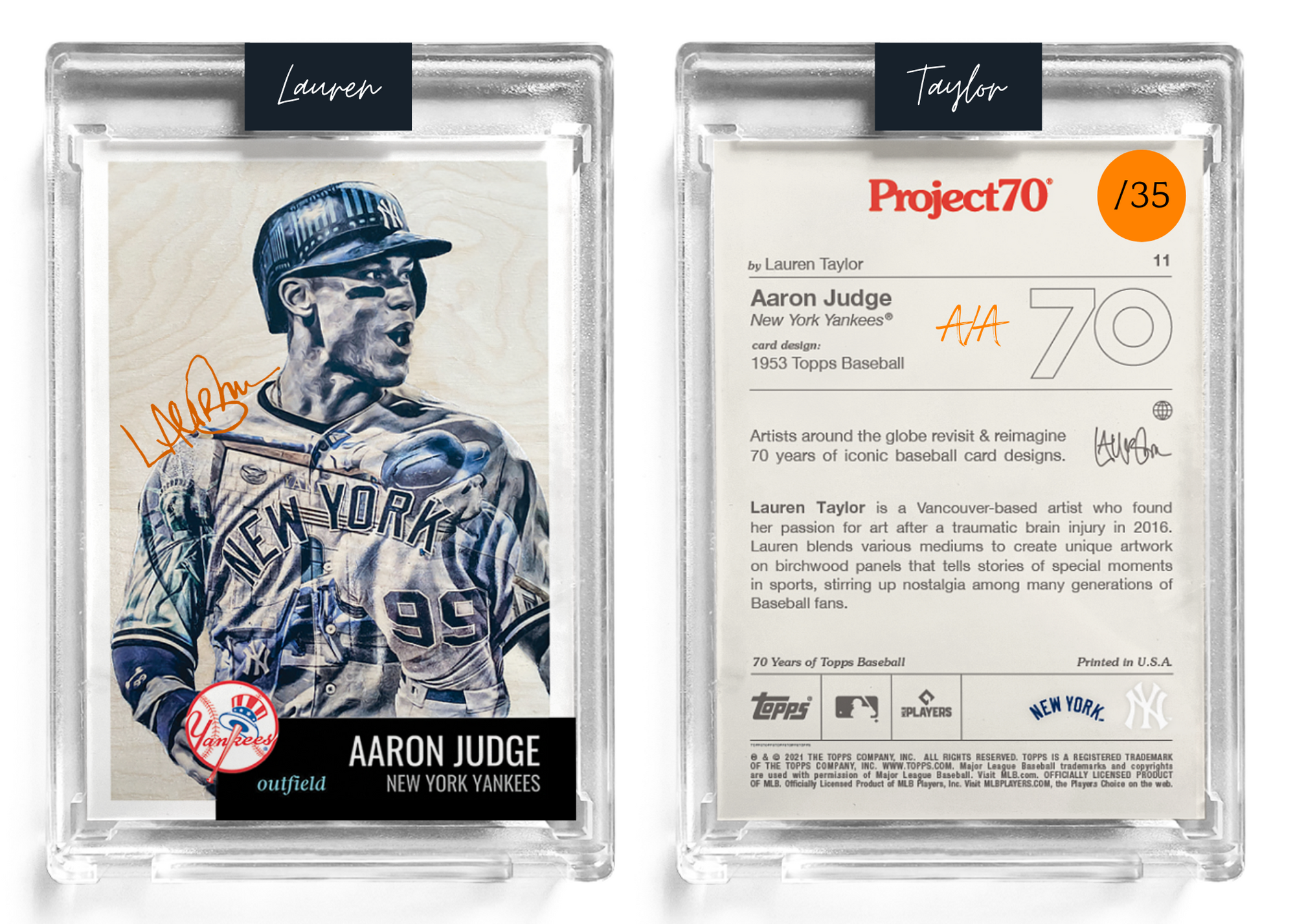 /35 Orange Artist Signature - Topps Project 70 130pt card #11 by Lauren Taylor - Aaron Judge