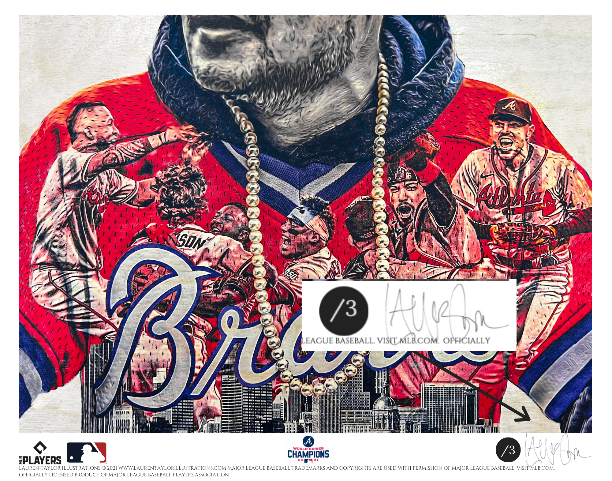 "bATtLe Won" (ft. Freeman, Rosario, Swanson, Albies, d'Arnaud...etc) Atlanta Braves - World Series Champs 2021 - METALLIC SILVER SIGNATURE Limited Release /3