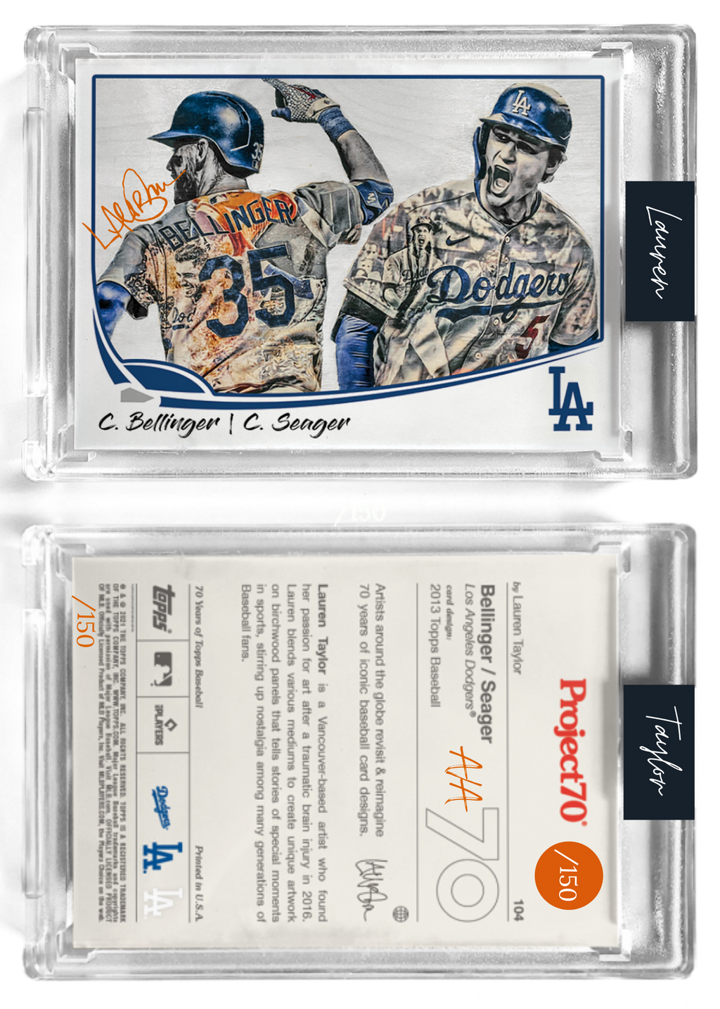 /150 Orange Artist Signature - Topps Project 70 130pt card #104 by Lauren Taylor - Cody Bellinger / Corey Seager