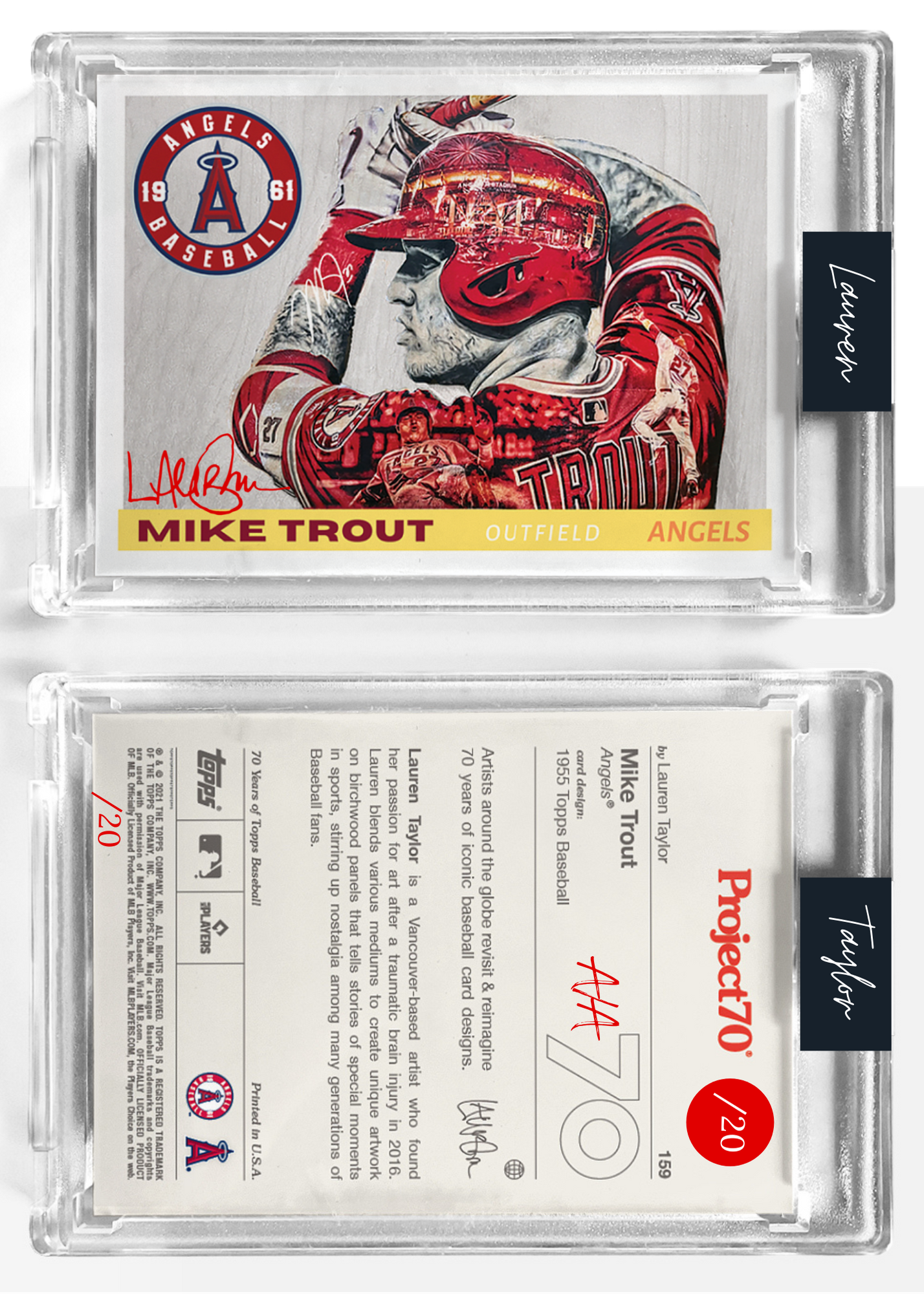 /20 Red Artist Signature - Topps Project 70 130pt card #159 by Lauren Taylor - Mike Trout