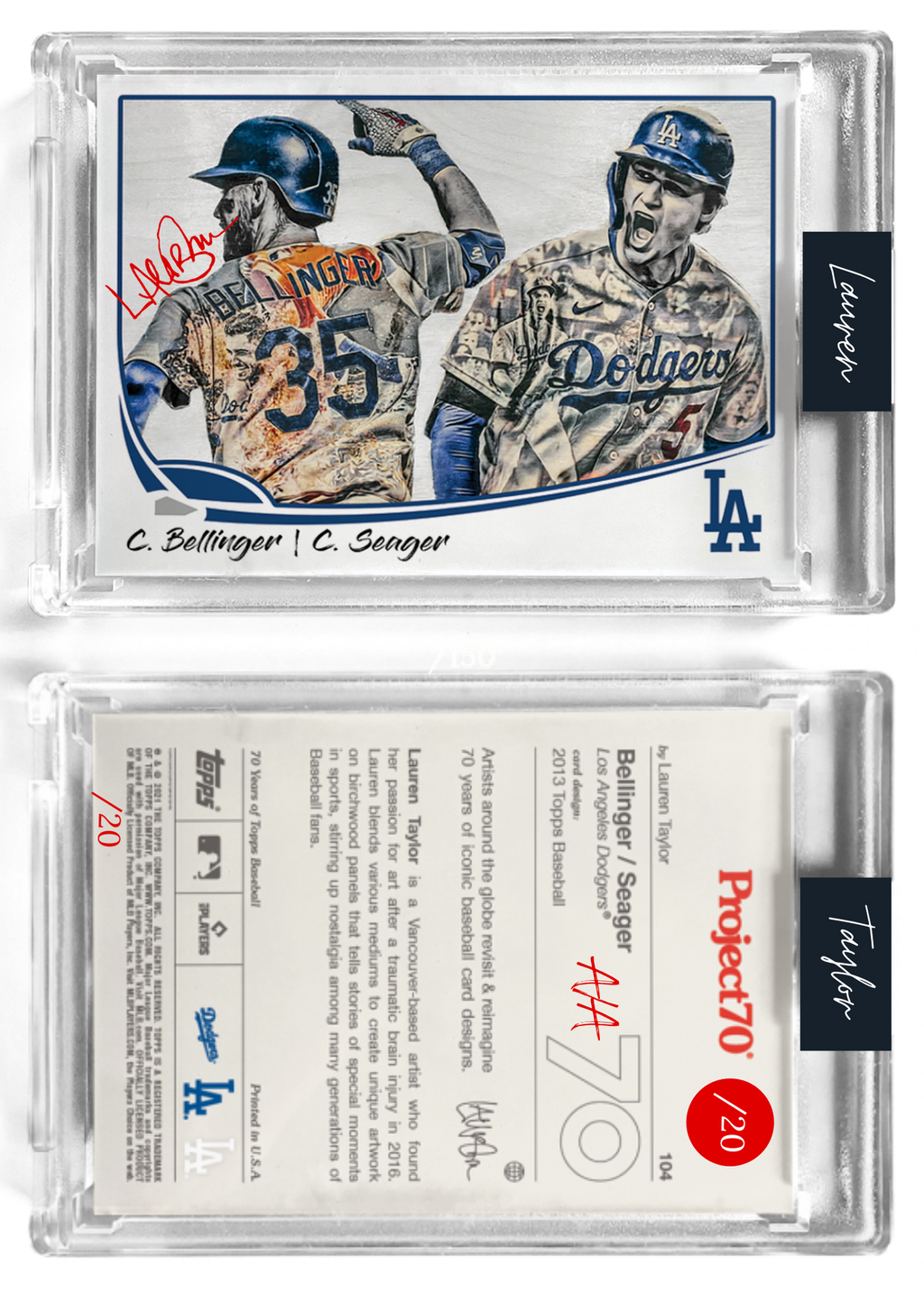 /20 Red Artist Signature - Topps Project 70 130pt card #104 by Lauren Taylor - Cody Bellinger / Corey Seager