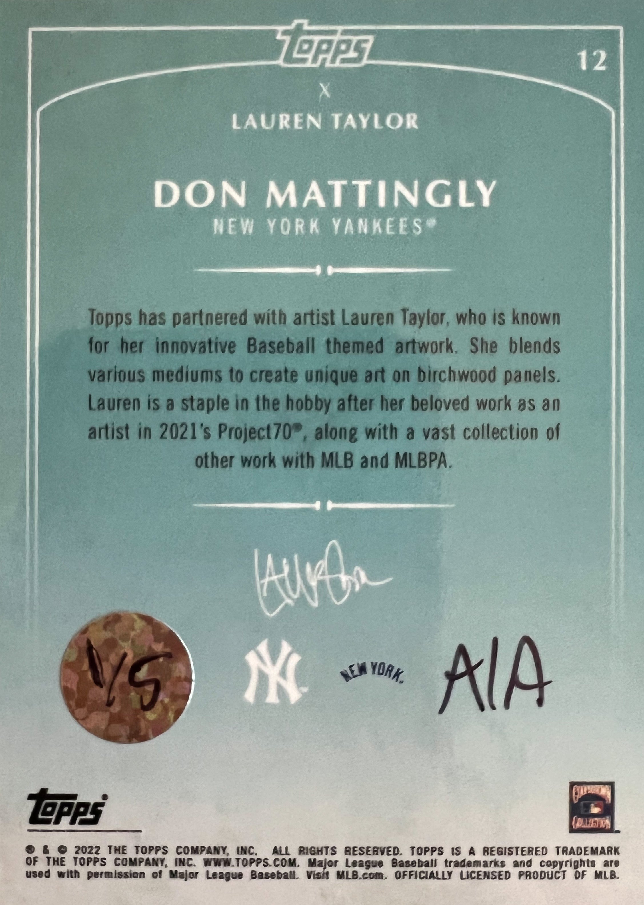 Lauren Taylor x Topps - /5 Silver Artist Autographed Don Mattingly LAVA CHASE Card