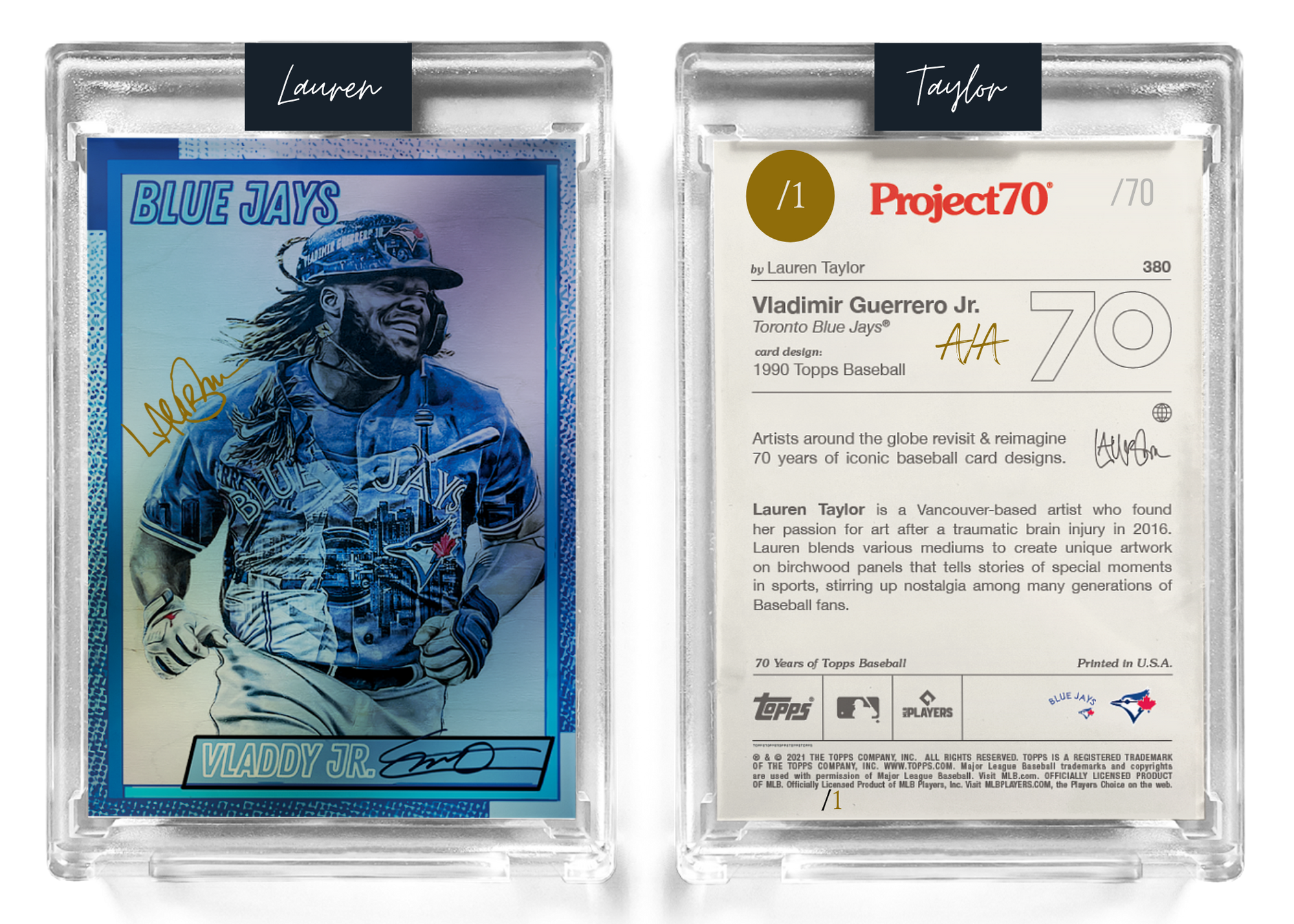 1/1 Gold Metallic Artist Signature - Foil Variant 130pt Card  - Topps Project 70 130pt card #380 by Lauren Taylor - Vladimir Guerrero Jr.