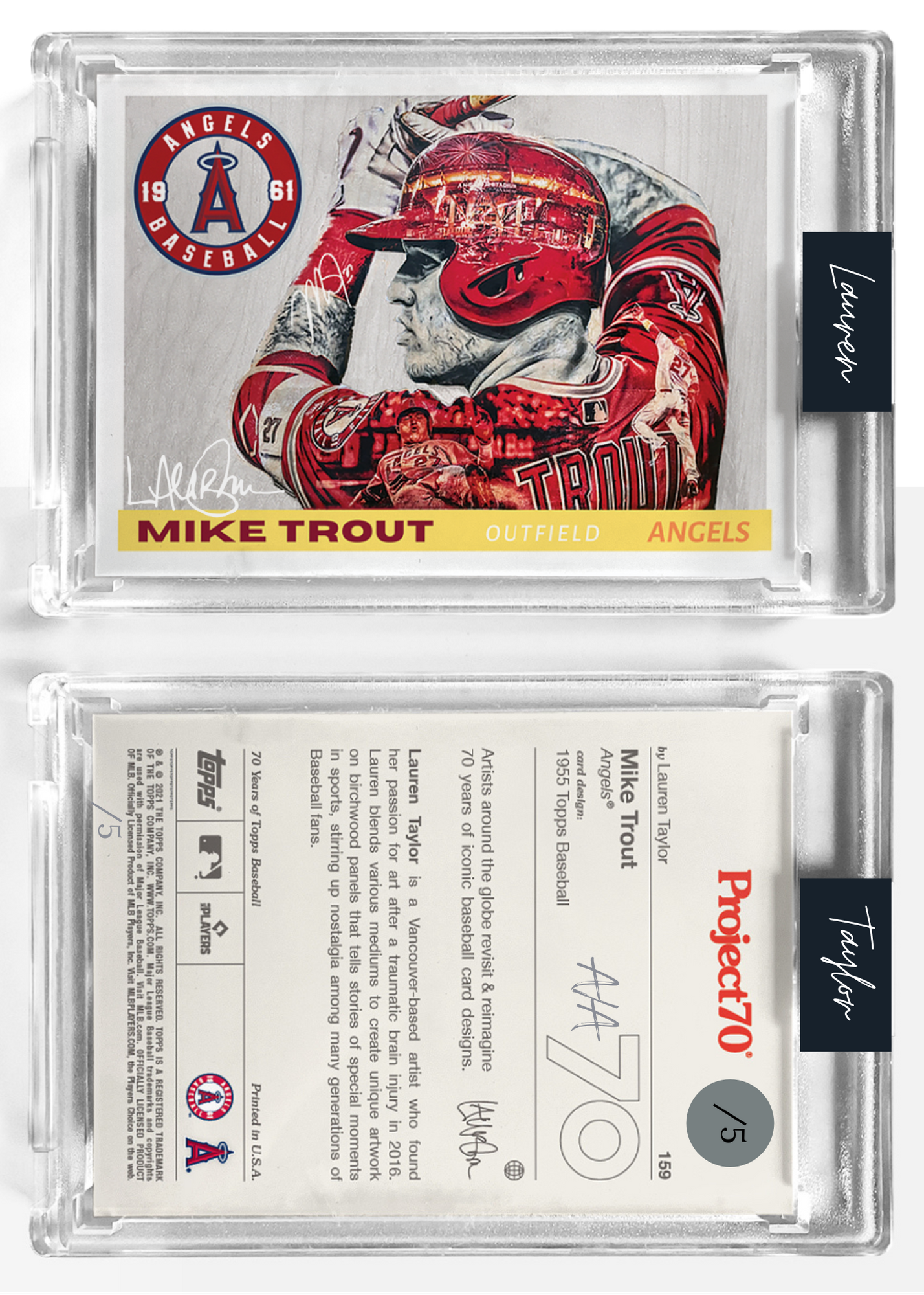 /5 Metallic Silver Artist Signature - Topps Project 70 130pt card #159 by Lauren Taylor - Mike Trout