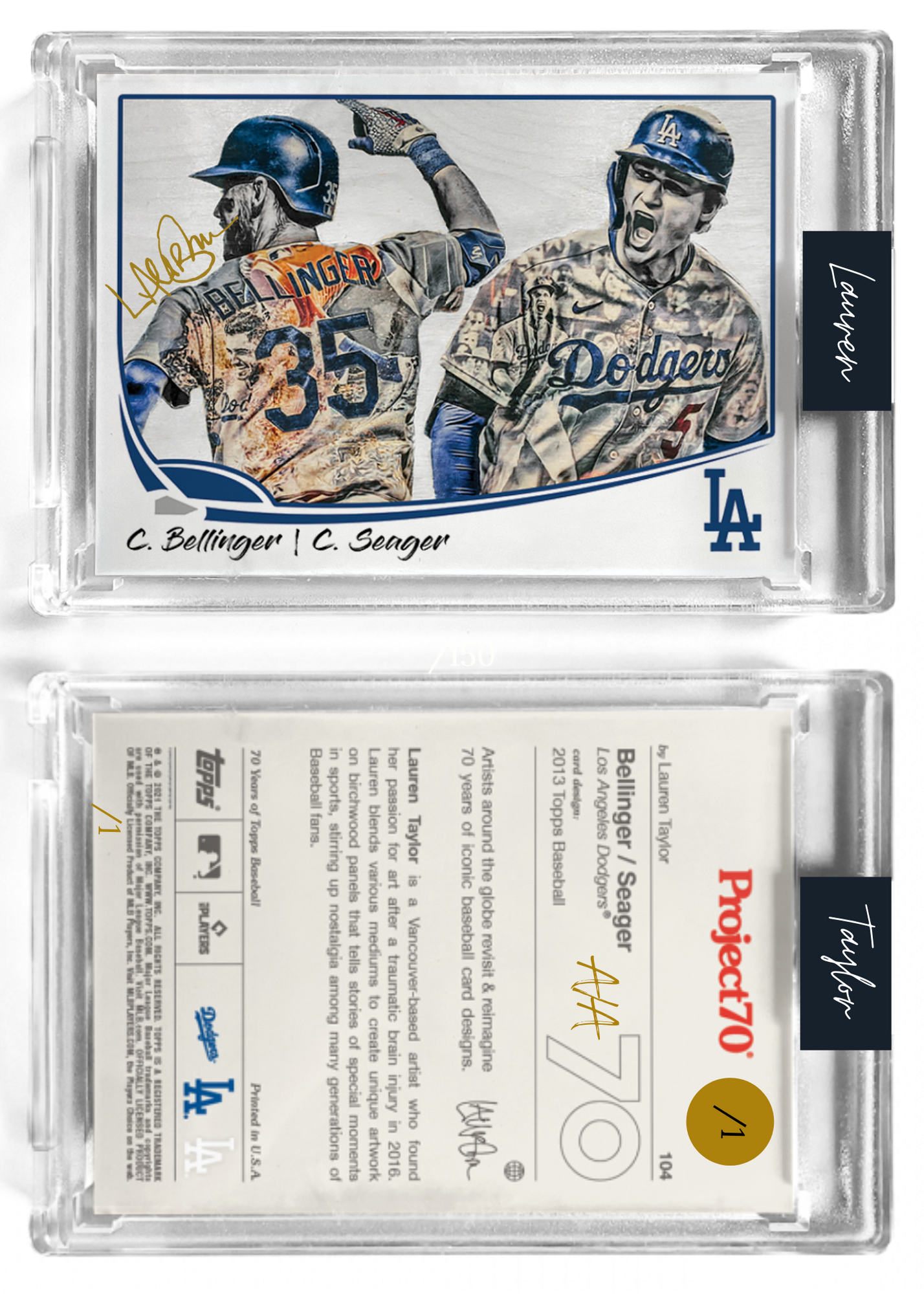 /1 Gold Metallic Artist Signature - Topps Project 70 130pt card #104 by Lauren Taylor - Cody Bellinger / Corey Seager