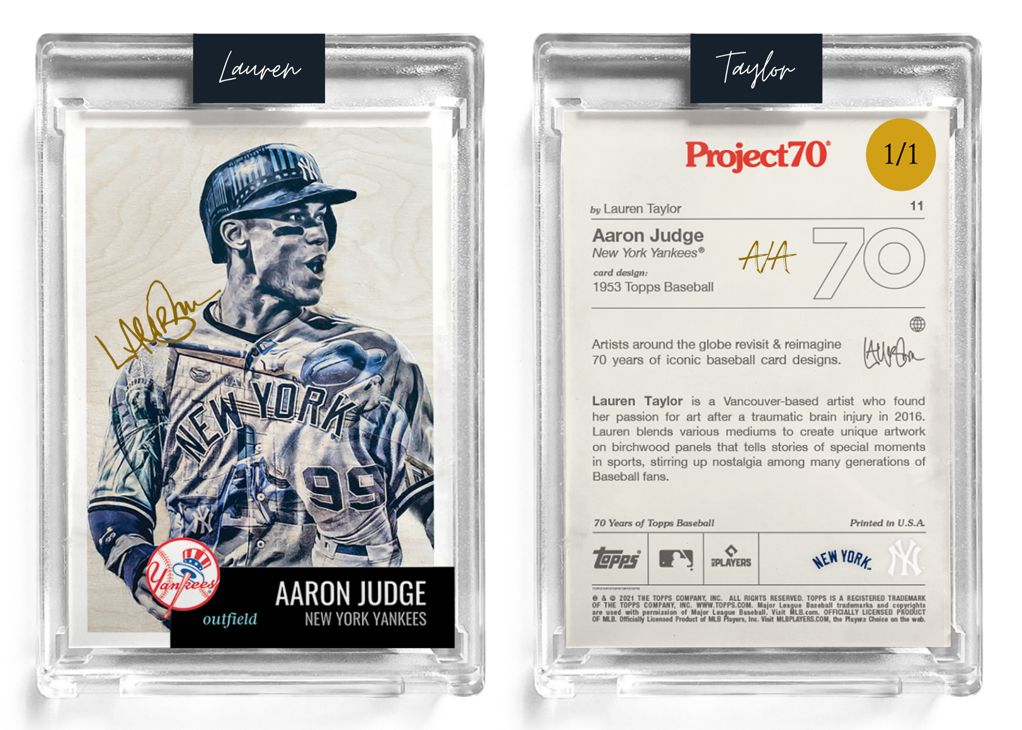 1/1 Gold Artist Signature - Topps Project 70 130pt card #11 by Lauren Taylor - Aaron Judge