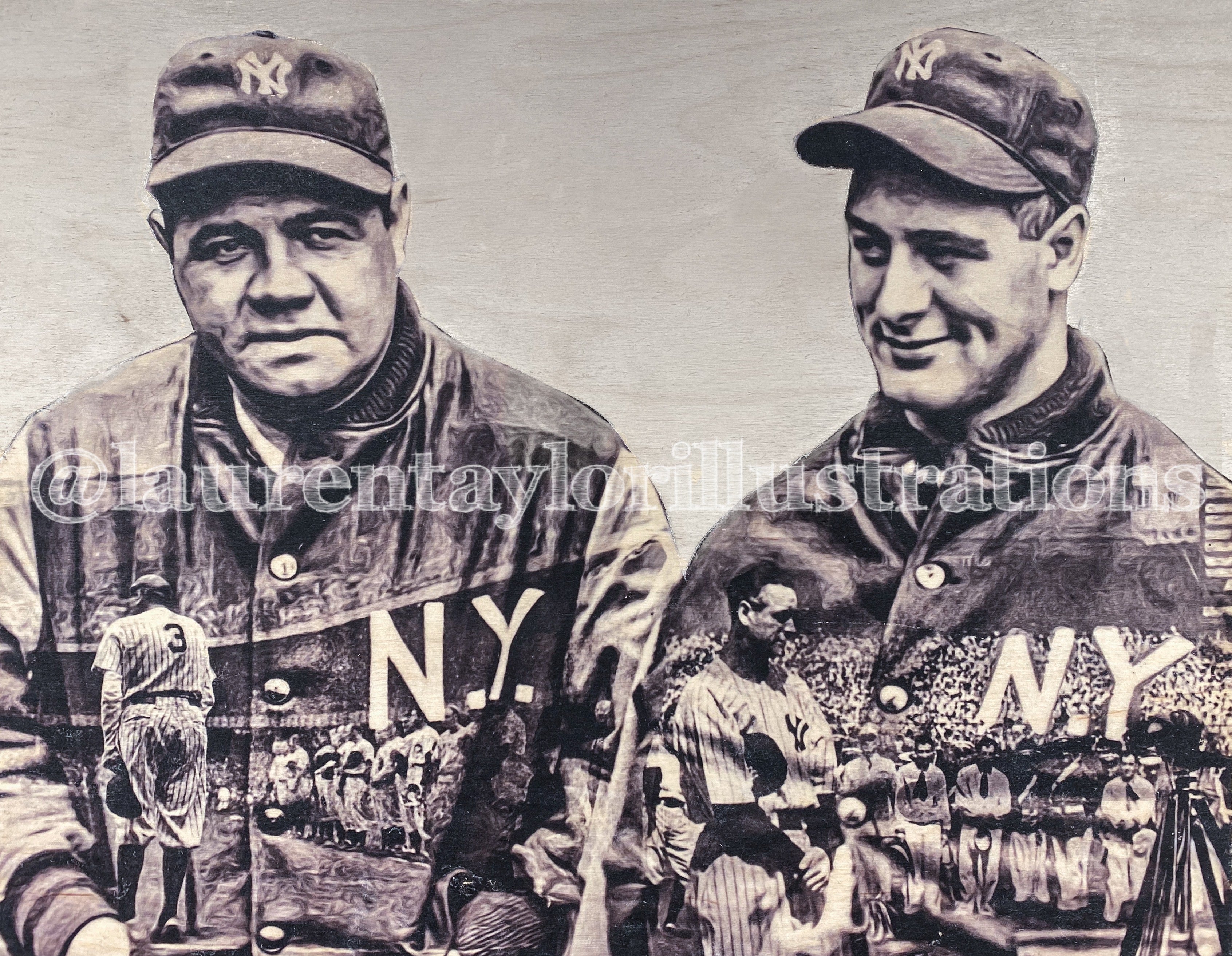 "History Made..." (Lou Gehrig and Babe Ruth) New York Yankees - 1/1 Original on Birchwood