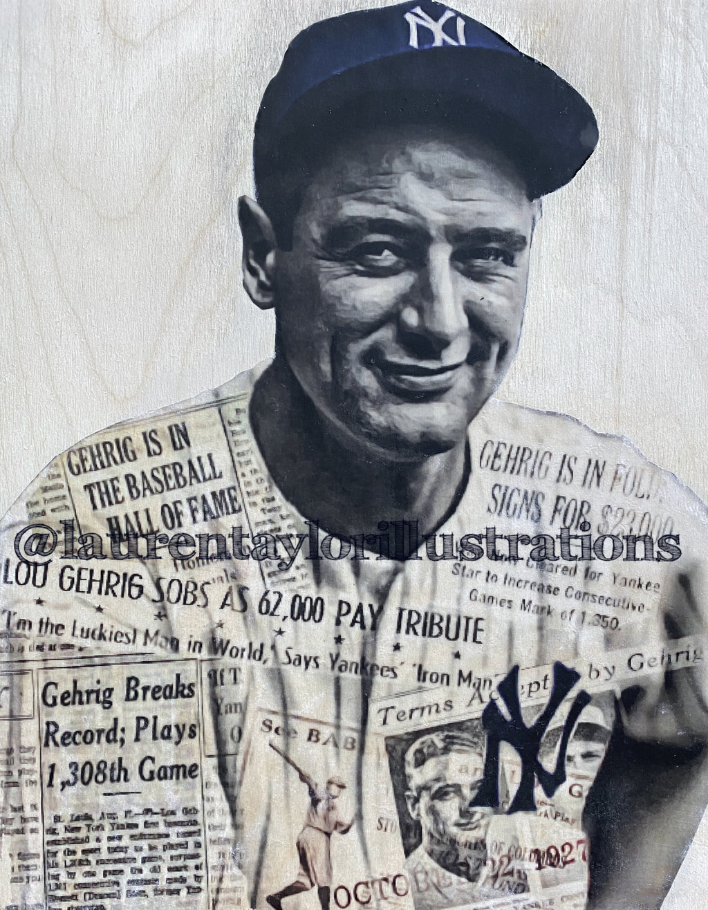 "Iron Horse" (Lou Gehrig) New York Yankees - 1/1 Original on Birchwood