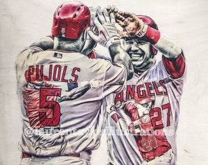 "Back2Back" (Albert Pujols and Mike Trout) Los Angeles Angels - 1/1 Original on Wood