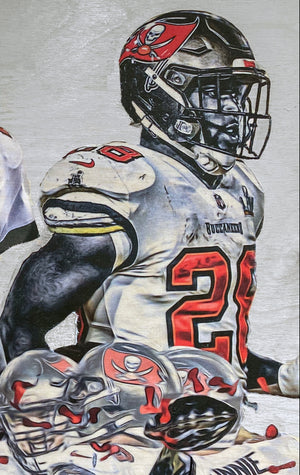 "Super Bowl LV Champions" (Featuring Brady, Gronkowski and Fournette) Tampa Bay Buccaneers - 1/1 Original on Wood (14x18x1)