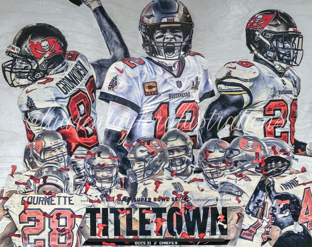 "Super Bowl LV Champions" (Featuring Brady, Gronkowski and Fournette) Tampa Bay Buccaneers - 1/1 Original on Wood (14x18x1)