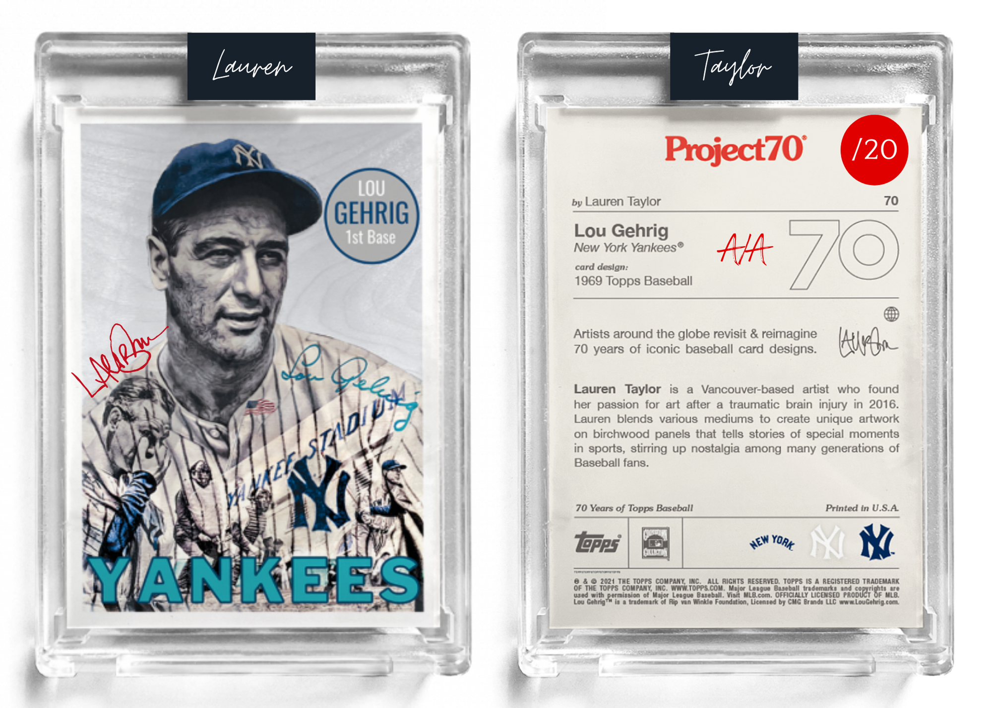 /20 Red Artist Signature - Topps Project 70 130pt card #70 by Lauren Taylor - Lou Gehrig