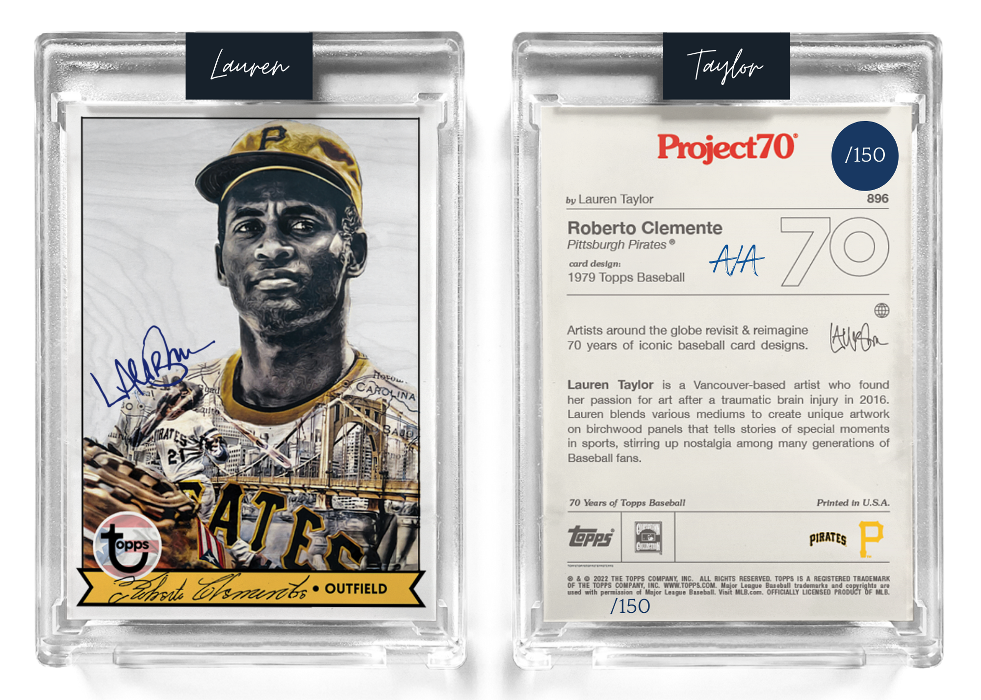 /150 Navy Artist Signature - Topps Project 70 130pt card #896 by Lauren Taylor - Roberto Clemente