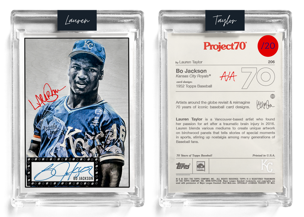 /20 Red Artist Signature - Topps Project 70 130pt card #206 by Lauren Taylor - Bo Jackson