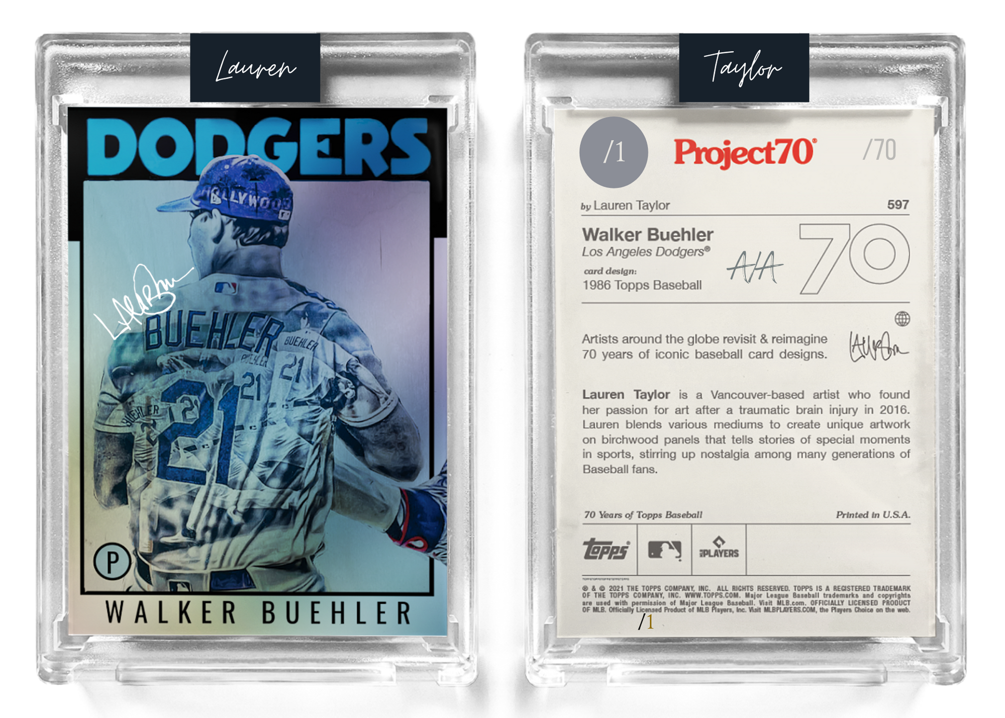 1/1 Chrome Metallic Artist Signature - Walker Buehler - Foil Variant 130pt Card #597 by Lauren Taylor - Baseball Card