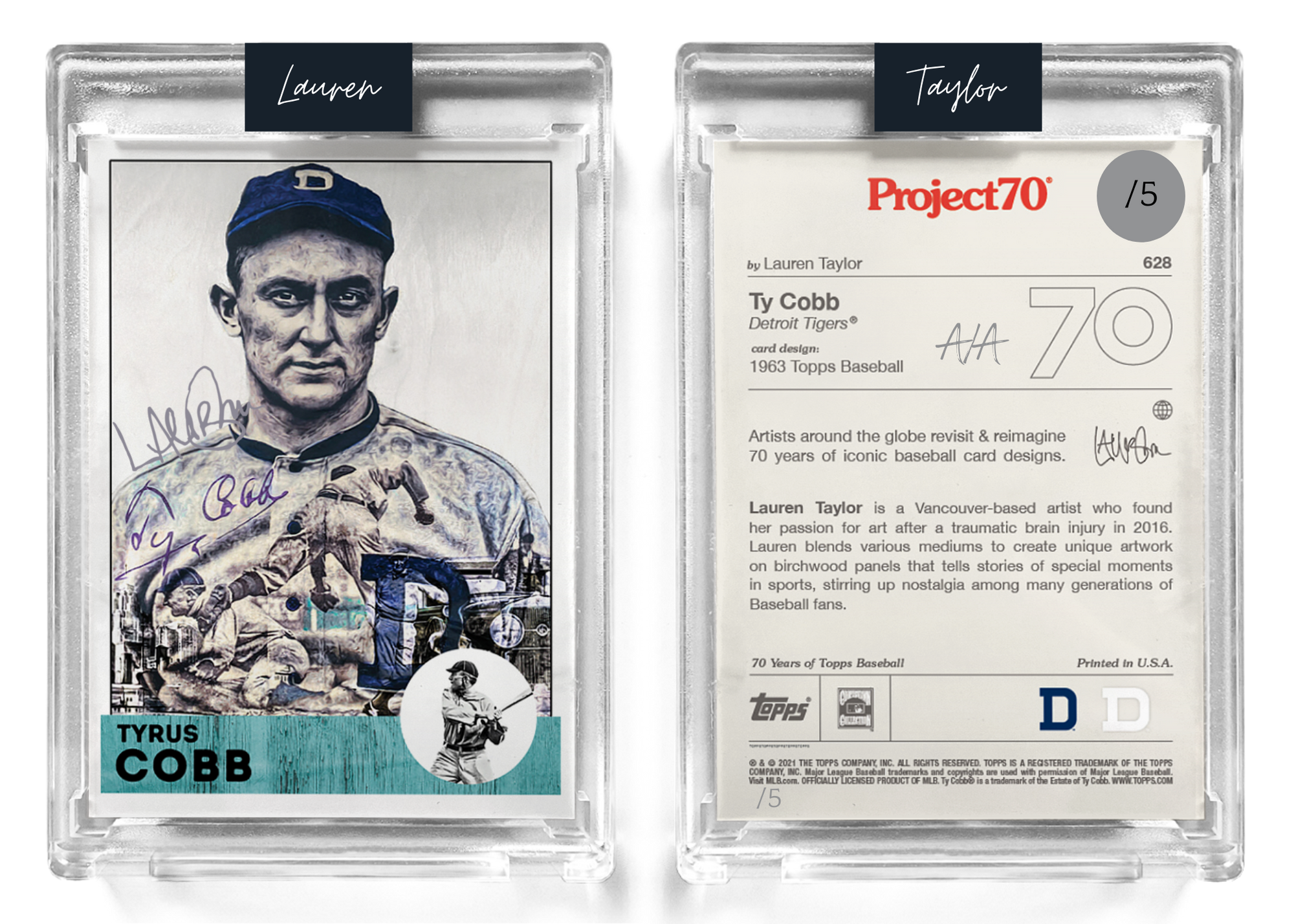 /5 Silver Metallic Artist Signature - Topps Project 70 130pt card #628 by Lauren Taylor - Tyrus Cobb
