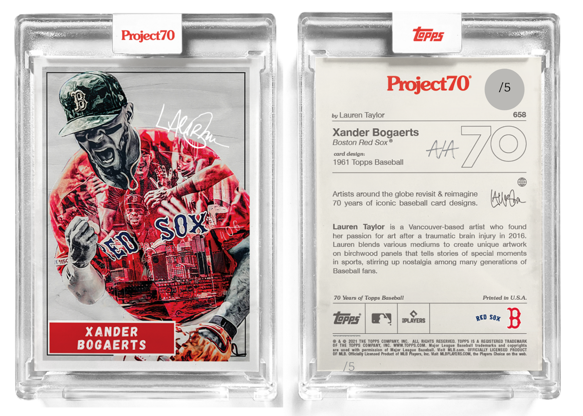 /5 Silver Metallic Artist Signature - Topps Project 70 130pt card #658 by Lauren Taylor - Xander Bogaerts