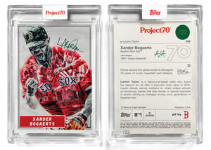 Special Tribute to "Mission22"  /22 Army Green Artist Signature - Topps Project 70 130pt card #658 by Lauren Taylor - Xander Bogaerts