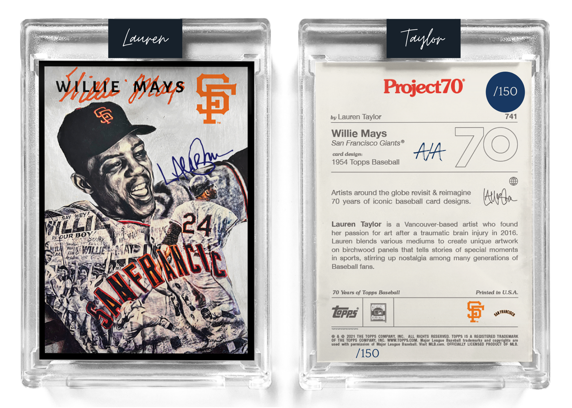 /150 Navy Blue Artist Signature - Topps Project 70 130pt card #741 by Lauren Taylor - Willie Mays