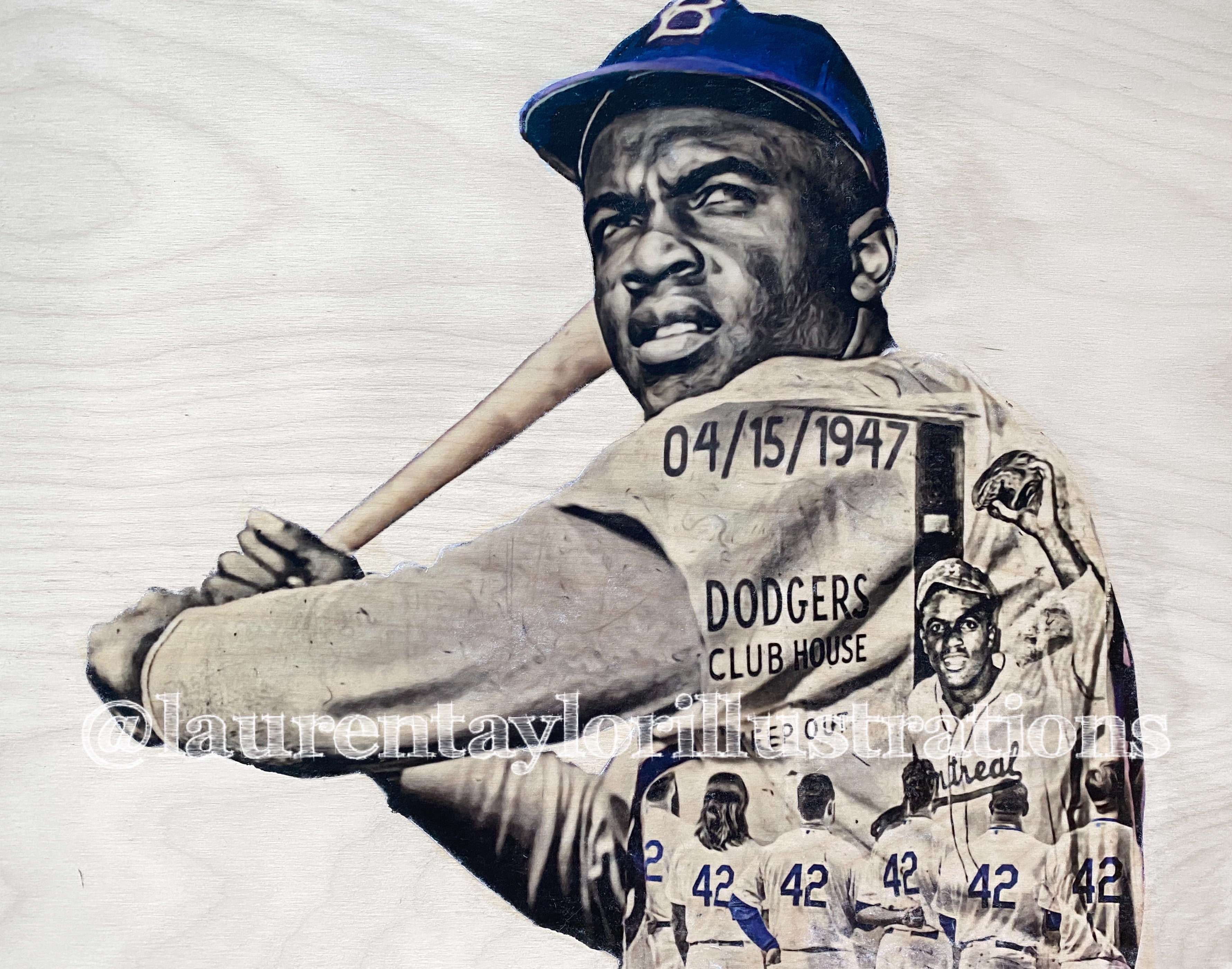 "April 15 1947” (Jackie Robinson) Brooklyn Dodgers - 1/1 Original on birchwood