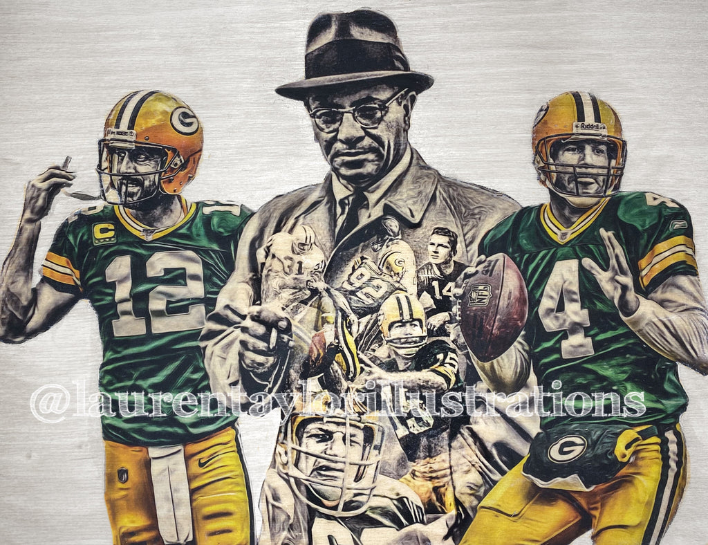 “Packer’s Legends” (Farve, Lombardi, Rogers...etc) 1/1 Original on Wood - Green Bay Packers